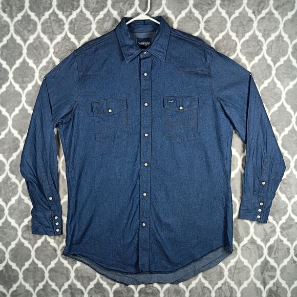 Wrangler Other - Wrangler Pearl Snap Denim Shirt Men XLT Blue Cowboy Cut Firm Finish